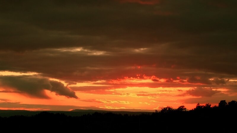Sunset over Hills — Orange, Dramatic, Photograph, Clouds, Trees, Horizon