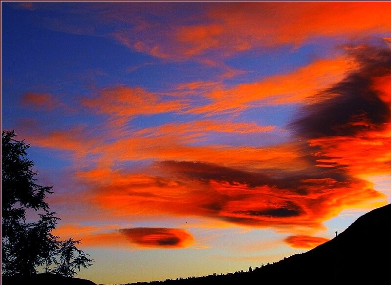 Sunset over Hills — Orange, Dramatic, Photograph, Clouds, Trees, Silhouette