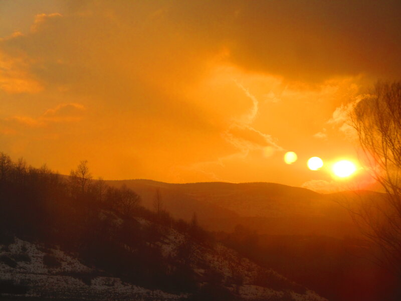 Sunset over Hills — Orange, Dramatic, Photograph, Trees, Clouds