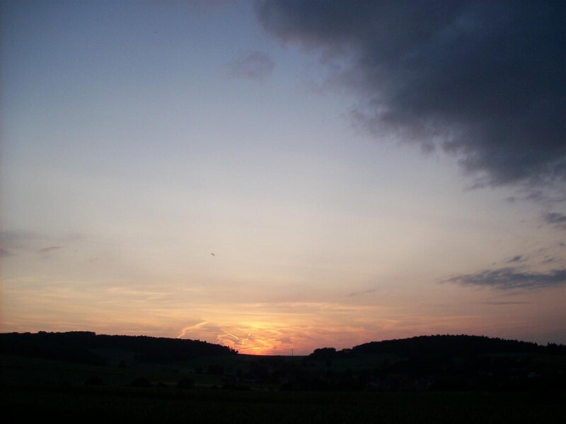Sunset over Hills — Orange, Serene, Photograph, Clouds, Sky