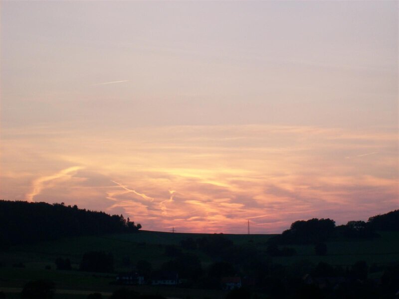 Sunset over Hills — Orange, Serene, Photograph, Clouds, Trees