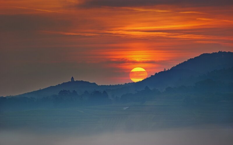 Sunset over Hills — Orange, Serene, Photograph, Sun