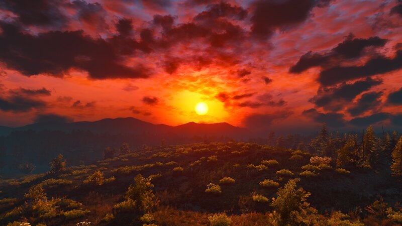 Sunset over Hills — Red, Dramatic, 3d Render
