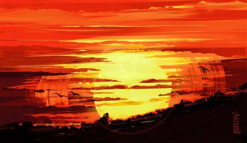 Sunset over Hills — Red, Dramatic, Digital Art, Birds