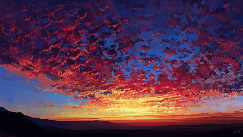 Sunset over Hills — Red, Dramatic, Digital Art