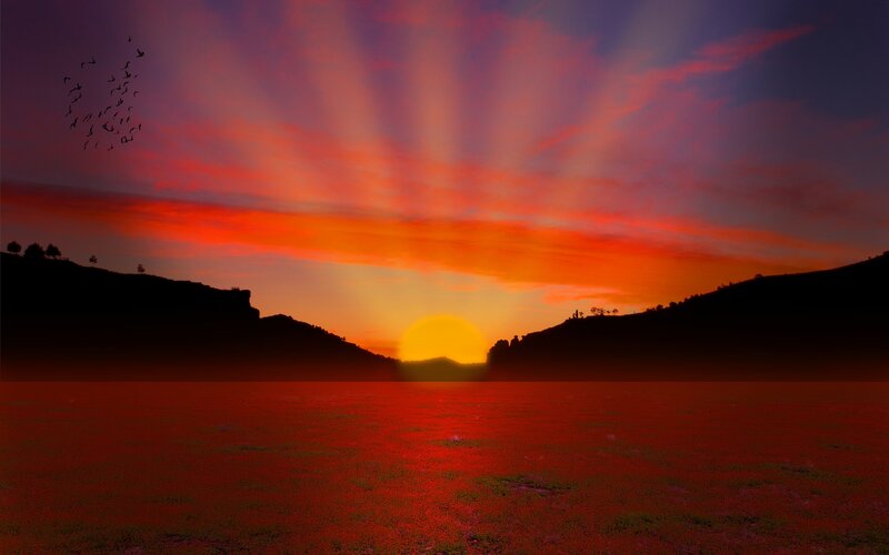 Sunset over Hills — Red, Dramatic, Photograph, Birds