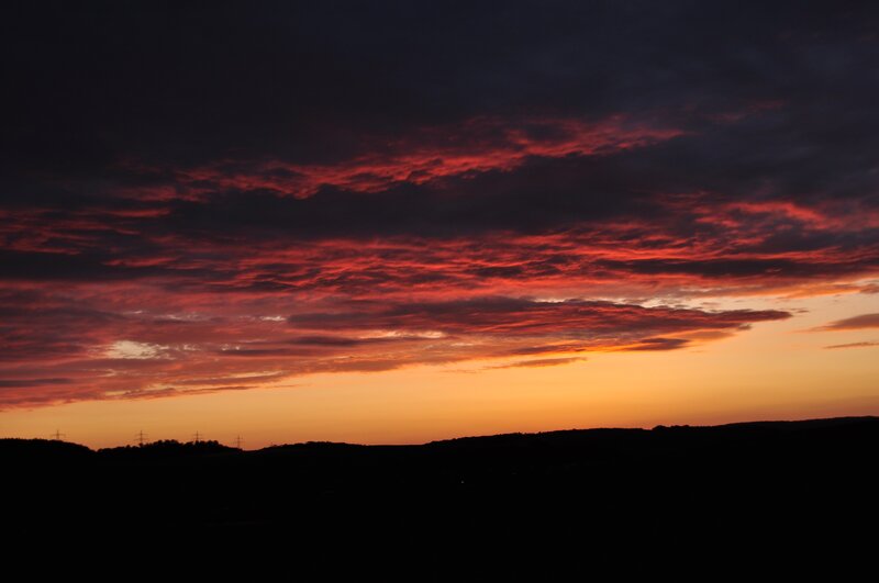 Sunset over Hills — Red, Dramatic, Photograph, Clouds, Power Lines