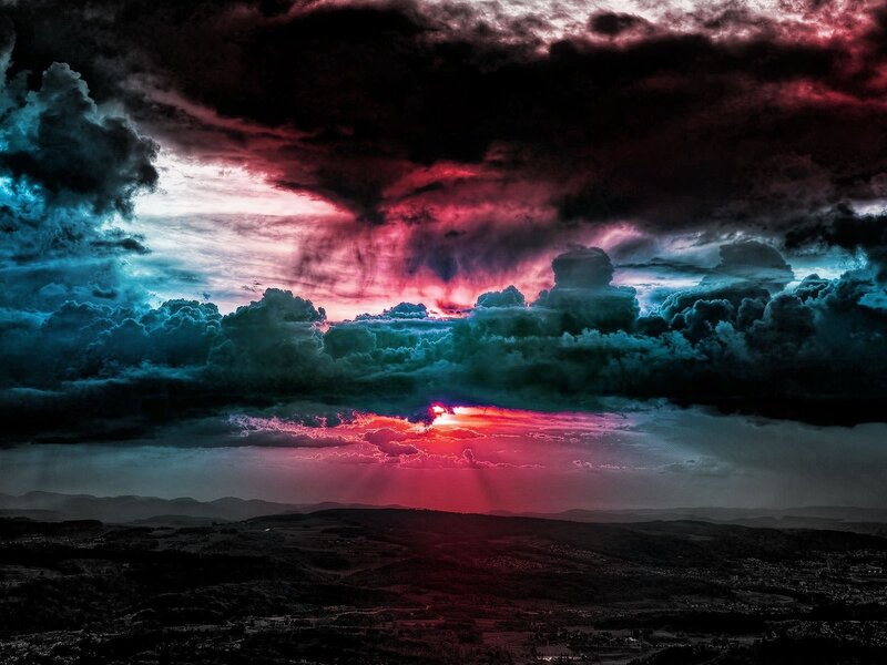 Sunset over Hills — Red, Dramatic, Photograph, Clouds, Sun