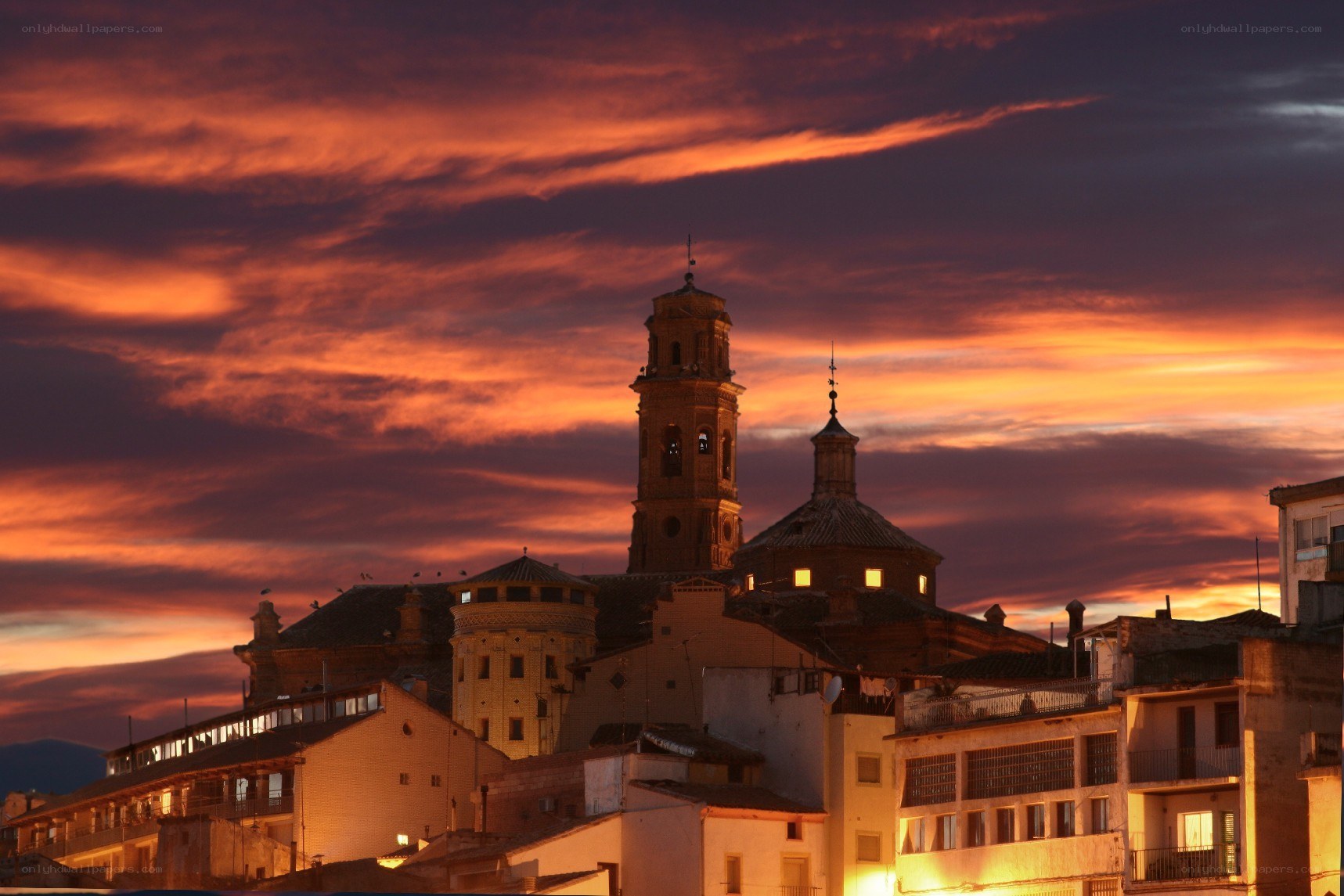 Sunset over historic buildings