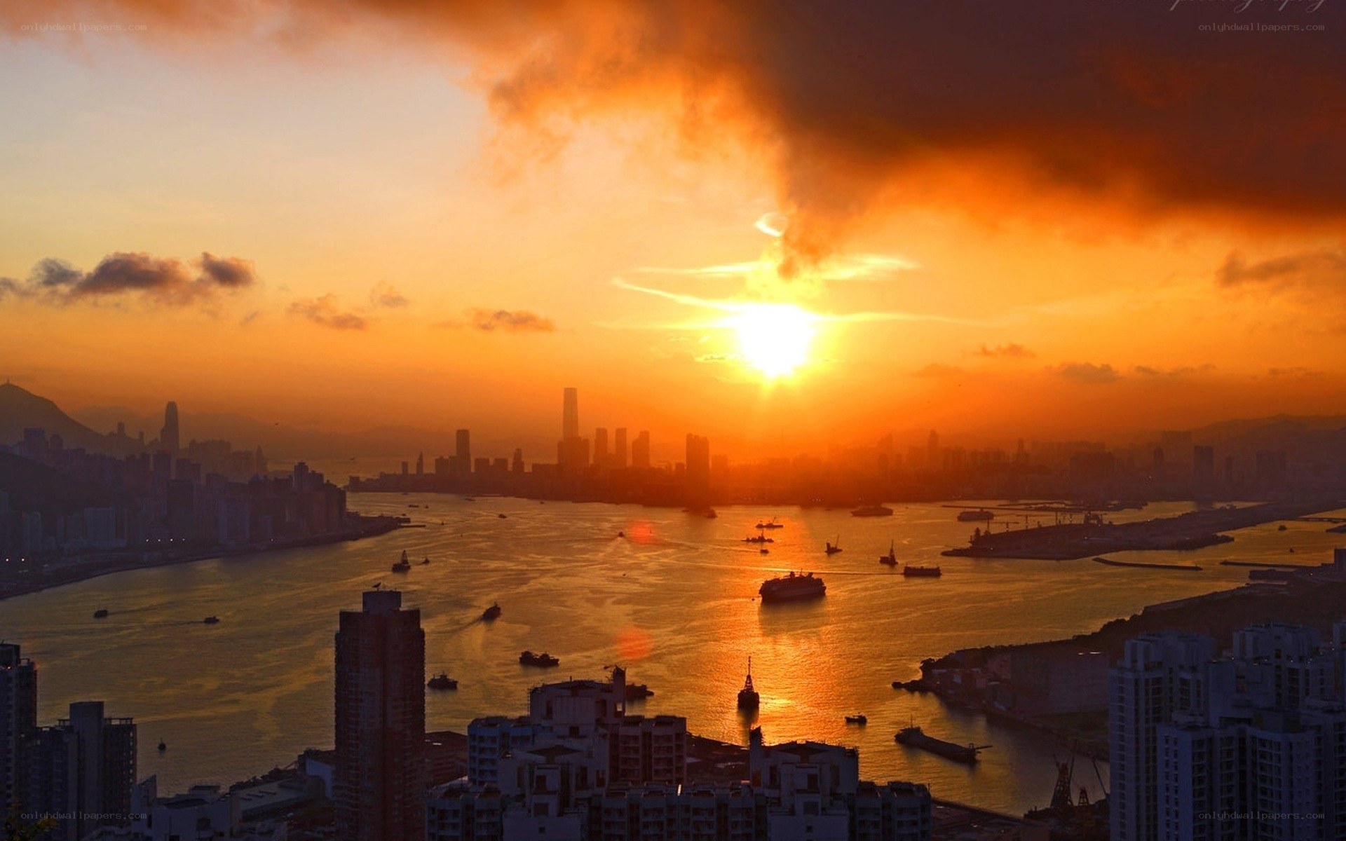 Sunset over Hong Kong harbor