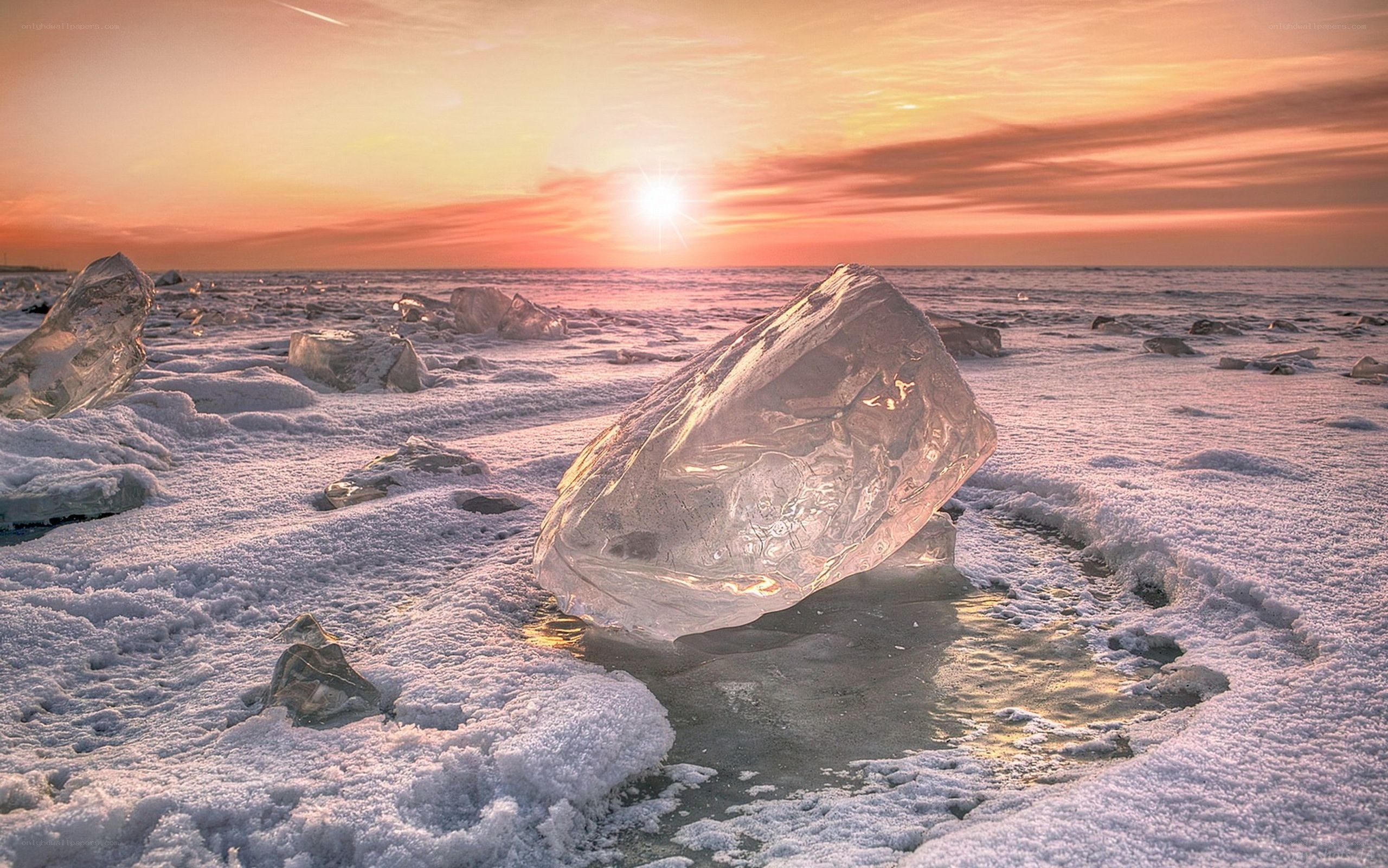 Sunset over ice chunks