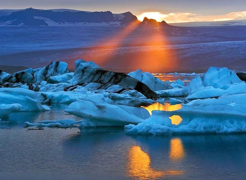 Sunset over icebergs in Iceland