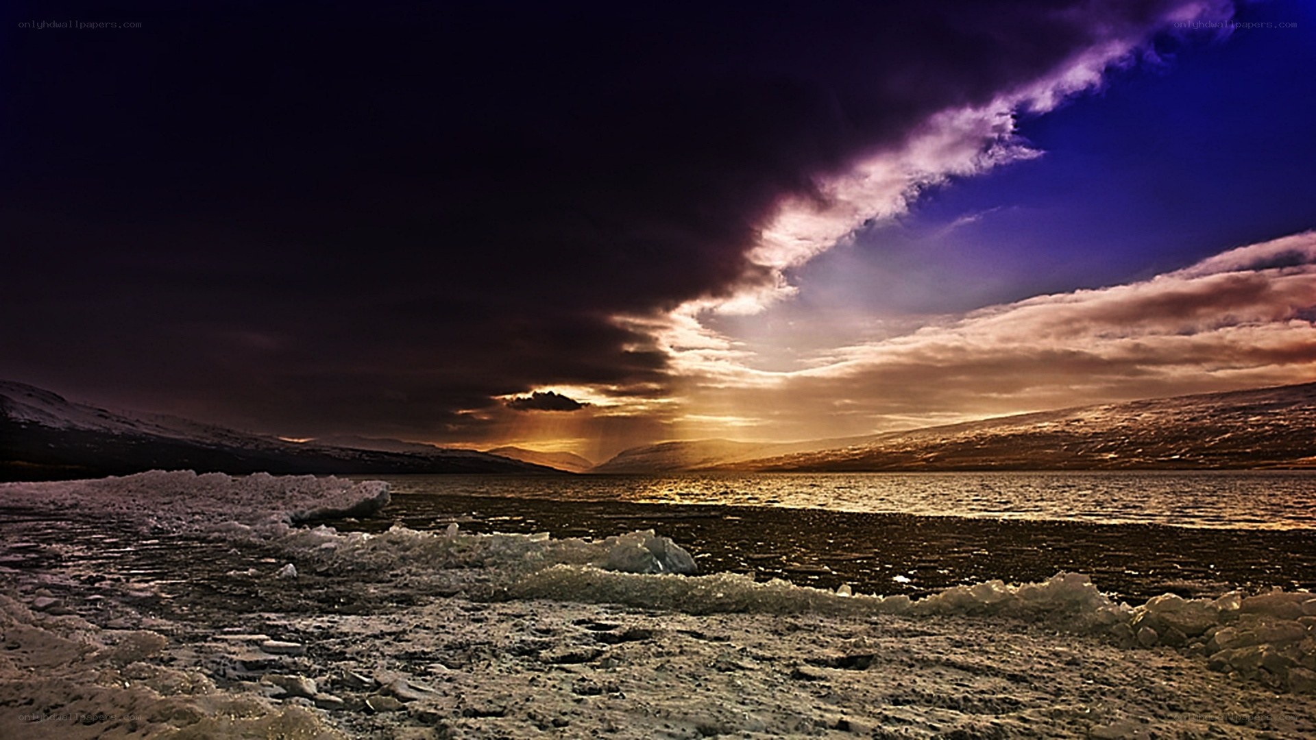 Sunset over icy lake