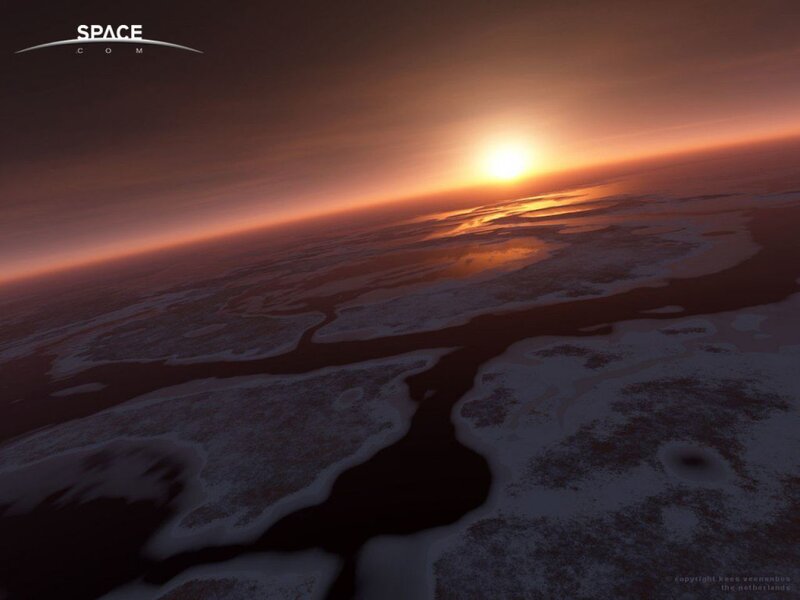 sunset over icy planet surface