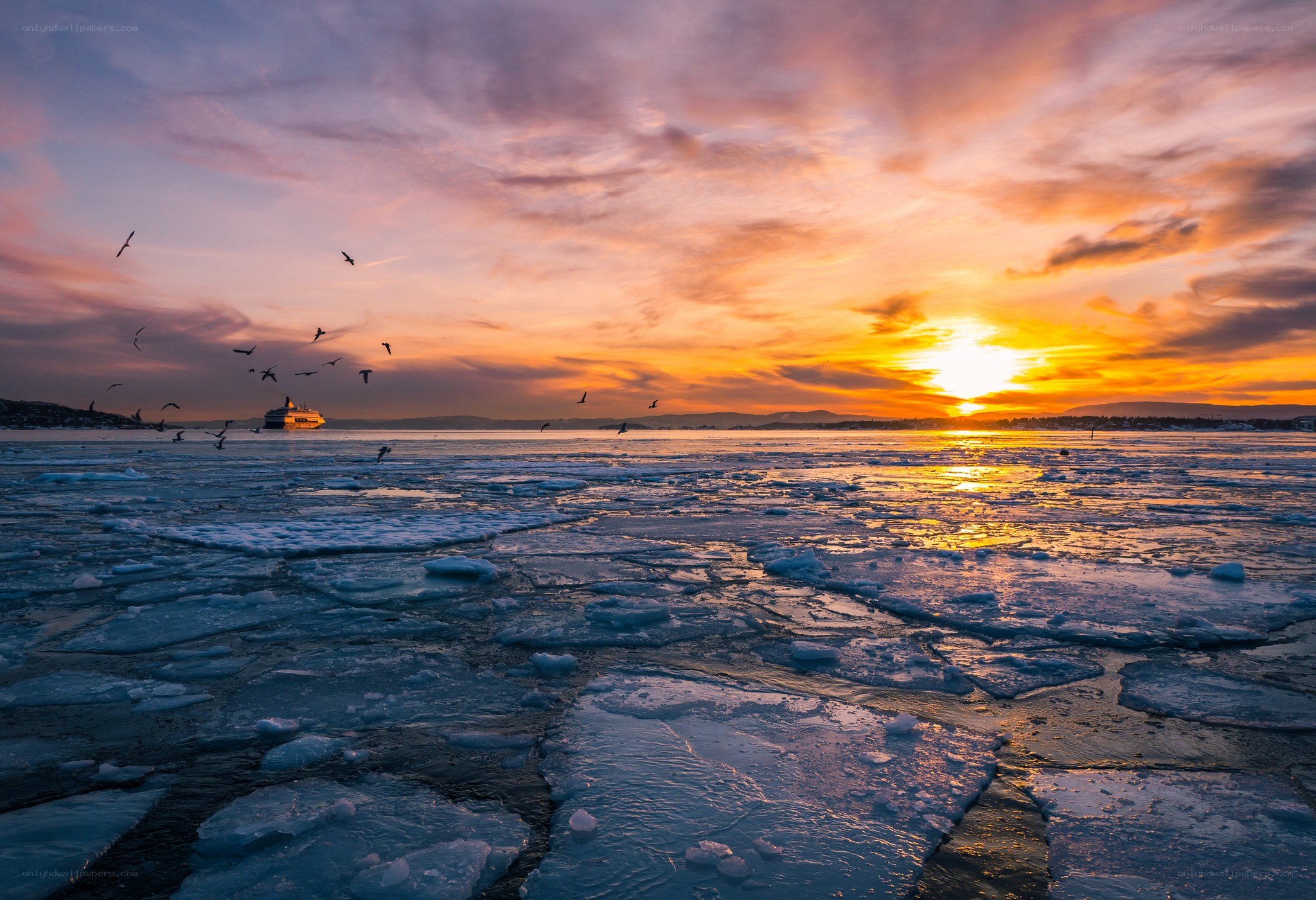 Sunset over icy sea