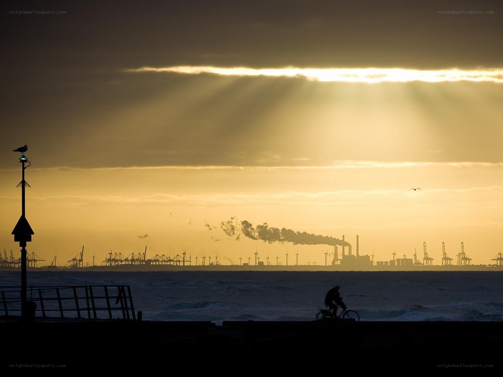 Sunset over industrial port