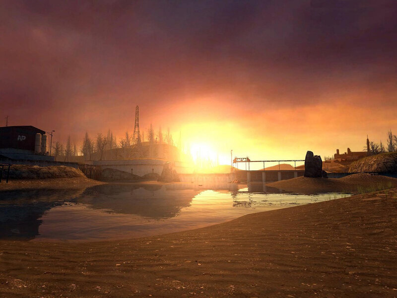Sunset over industrial river