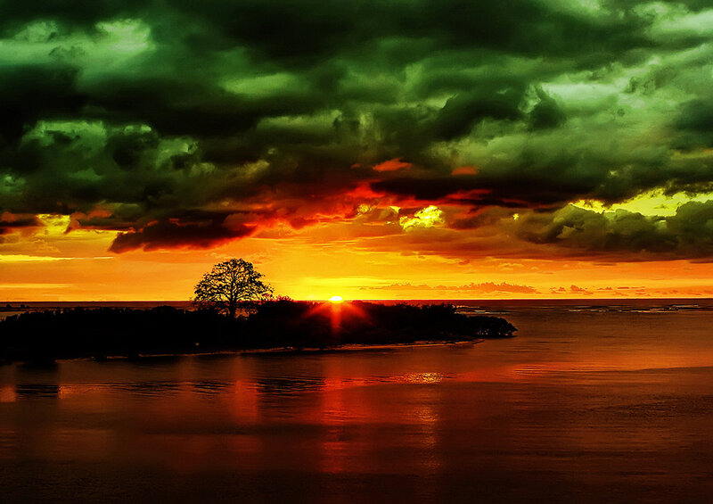 Sunset over Island — Orange, Dramatic, Photograph