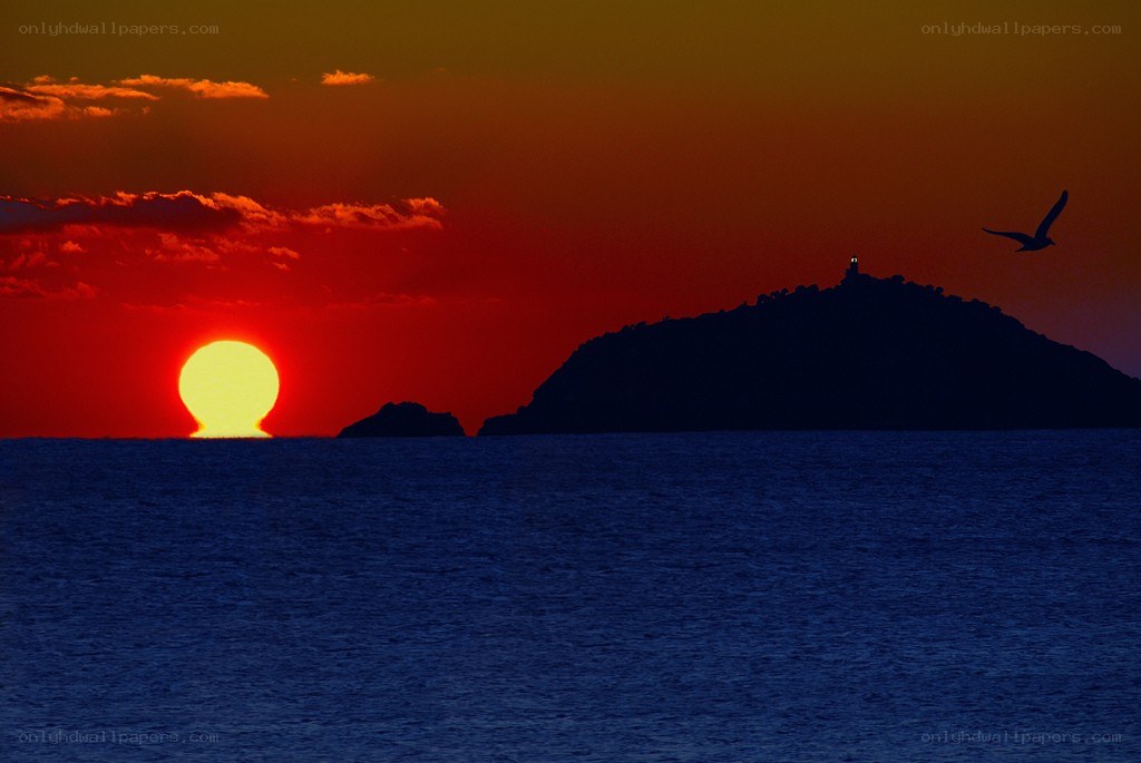 Sunset over island with lighthouse