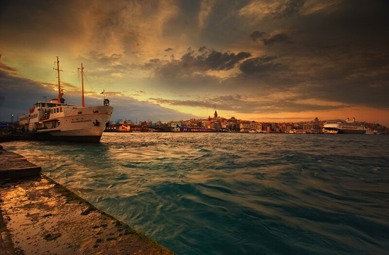 Sunset over Istanbul harbor