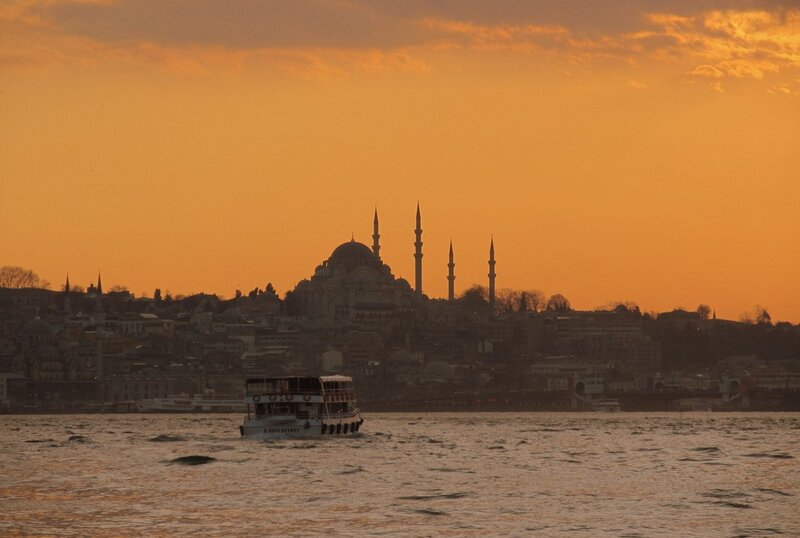 Sunset over Istanbul with ferry