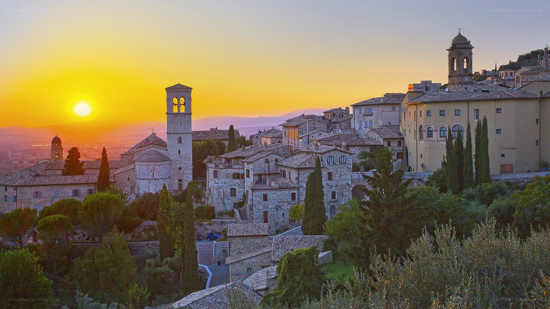 Sunset over Italian hill town