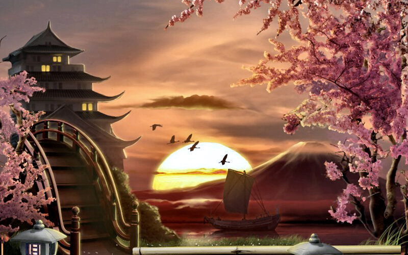 Sunset over Japanese Landscape — Pink