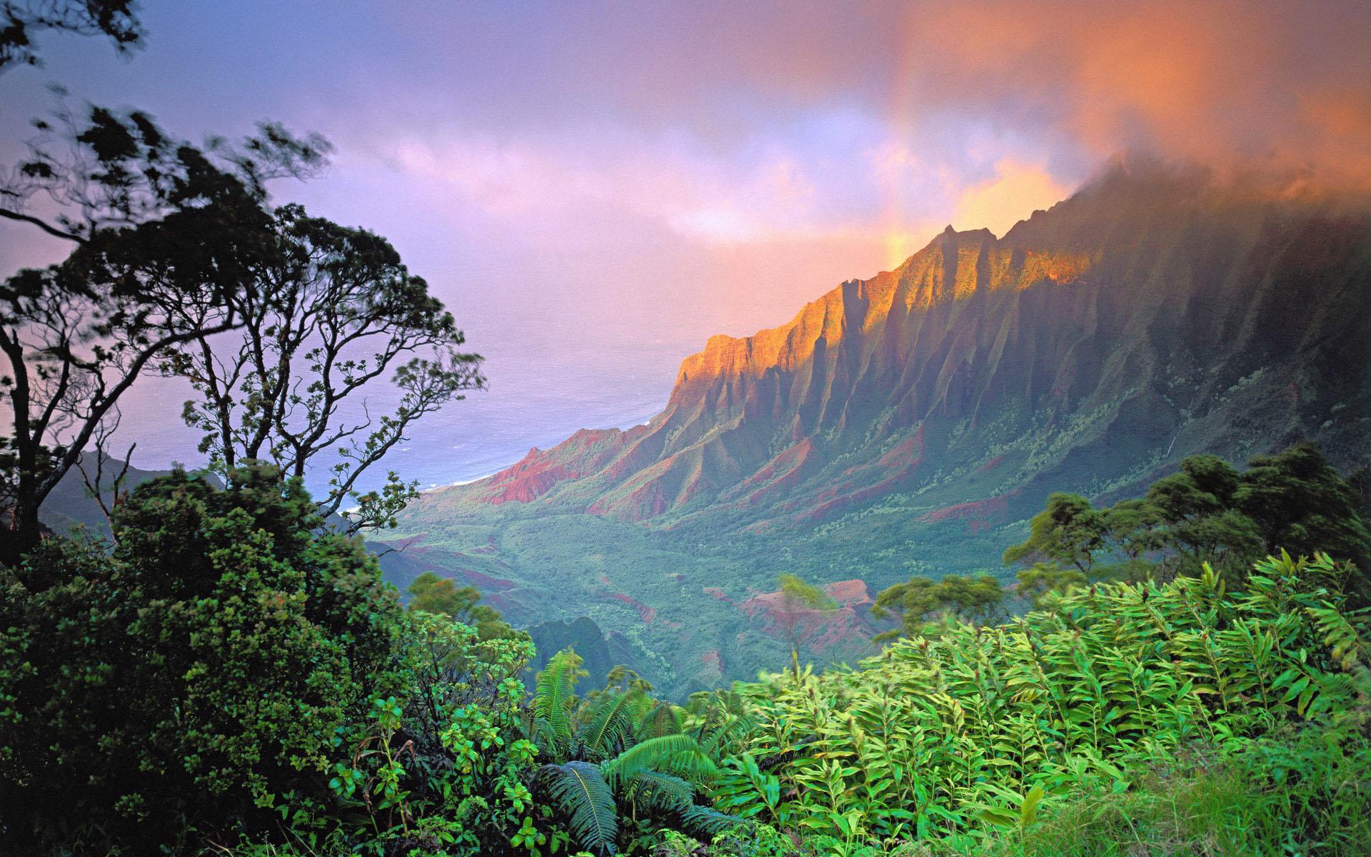 Sunset over Kauai mountains