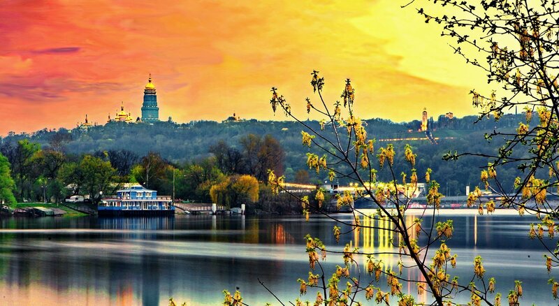 Sunset over Kyiv with St. Michael's Golden-Domed Monastery