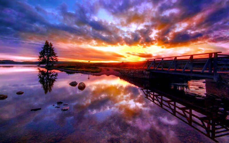 Sunset over Lake and Bridge — Purple