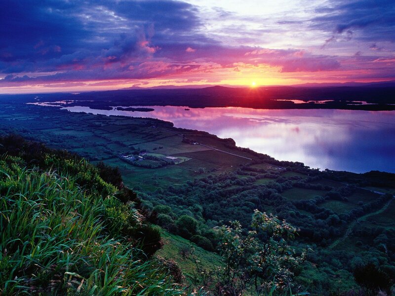 Sunset over Lake and Fields — Purple, Dramatic, Photograph