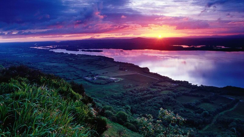 Sunset over Lake and Fields — Purple, Dramatic