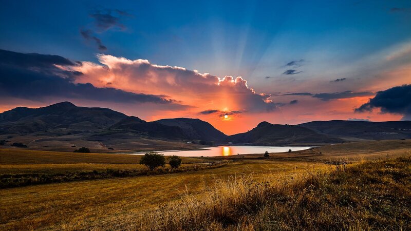 Sunset over Lake and Hills — Blue
