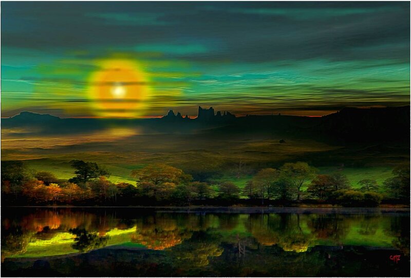 Sunset over Lake and Hills — Green, Dramatic