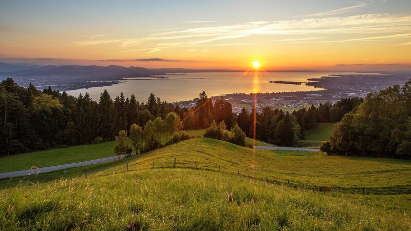 Sunset over Lake and Hills — Green