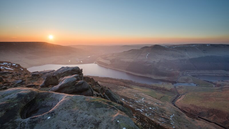Sunset over Lake and Hills — Orange, Serene