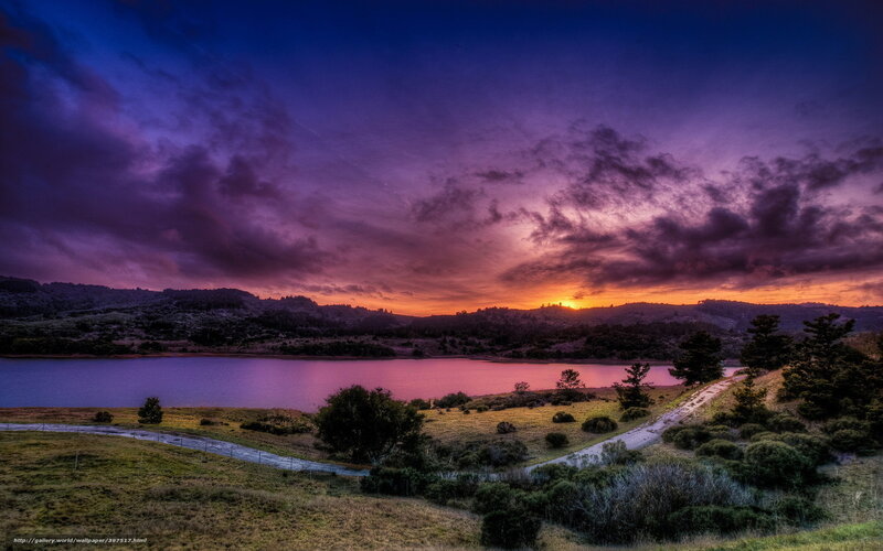 Sunset over Lake and Hills — Purple, Dramatic, Photograph, Path