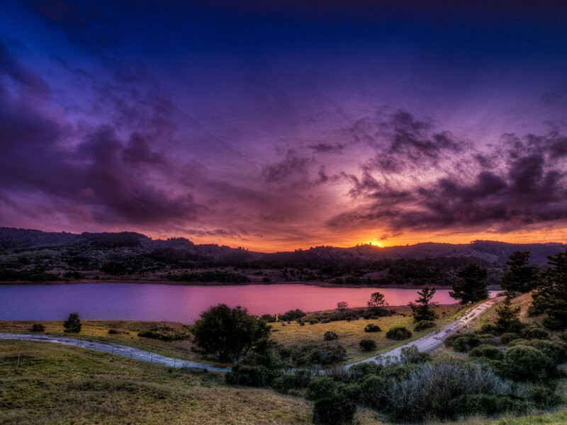 Sunset over Lake and Hills — Purple, Dramatic, Photograph
