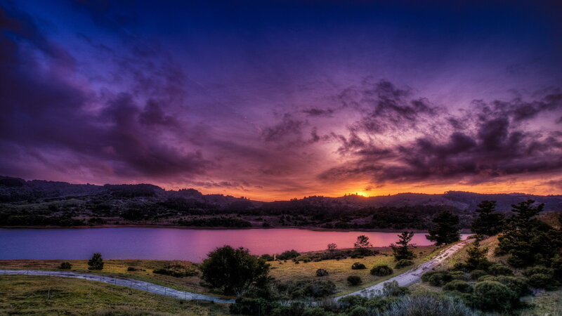 Sunset over Lake and Hills — Purple, Dramatic, Photograph, Trees