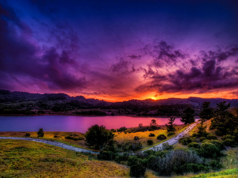 Sunset over Lake and Hills — Purple