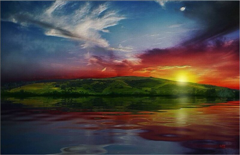 Sunset over Lake and Hills — Red, Dramatic