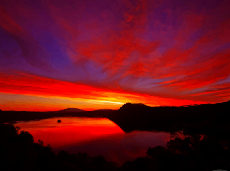 Sunset over Lake and Hills — Red