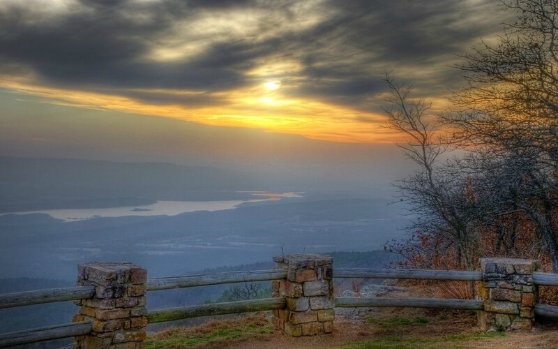 Sunset over Lake and Hills — Yellow, Dramatic