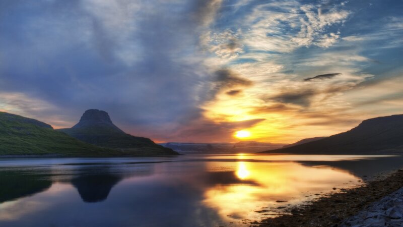 Sunset over Lake and Mountain