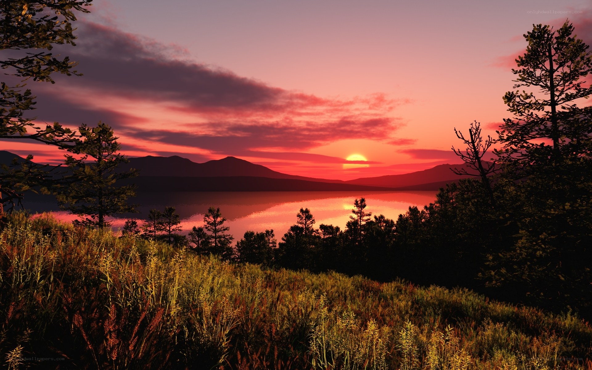 Sunset over lake and mountains