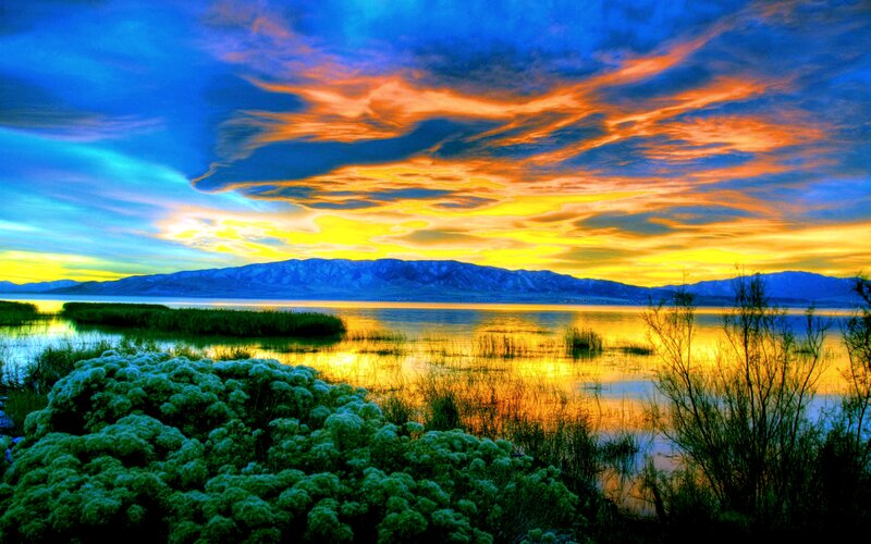 Sunset over Lake and Mountains — Blue, Dramatic, Photograph, Sky
