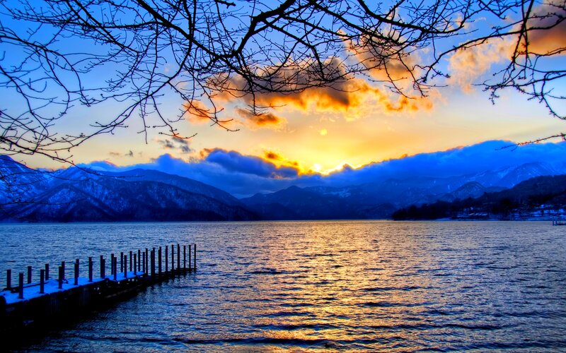 Sunset over Lake and Mountains — Blue, Dramatic, Photograph