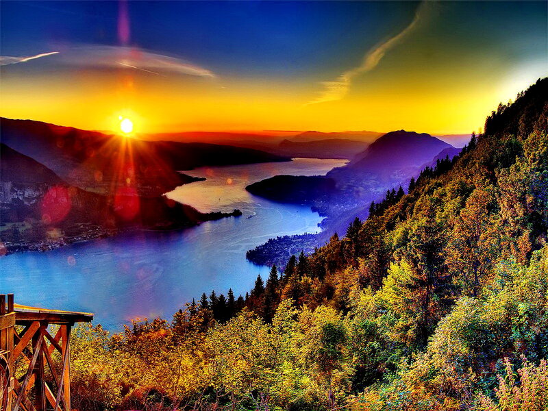 Sunset over Lake and Mountains — Blue, Dramatic