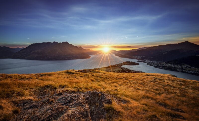 Sunset over Lake and Mountains — Blue, Serene, Photograph, Town