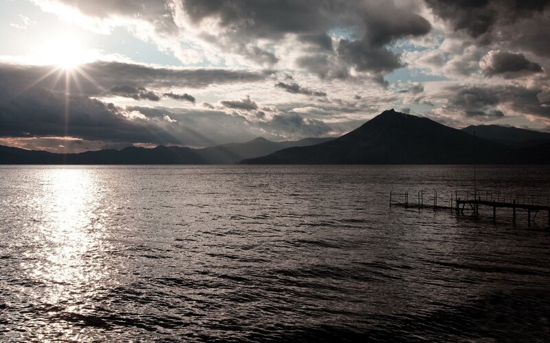 Sunset over Lake and Mountains — Gray